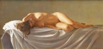 HARRY HOLLAND oil on board - reclining nude, entitled on Martin Tinney Gallery label verso '