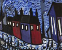 KARL DAVIES oil on board - terraced houses and chapel at night with figures walking, entitled