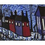 KARL DAVIES oil on board - terraced houses and chapel at night with figures walking, entitled