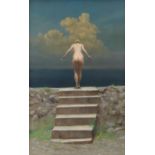 HARRY HOLLAND oil on board - female nude standing on a seawall preparing to dive, signed, 55 x 34cms