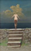 HARRY HOLLAND oil on board - female nude standing on a seawall preparing to dive, signed, 55 x 34cms