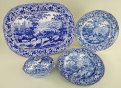 FOUR ITEMS OF SWANSEA POTTERY WITH 'LADIES OF LLANGOLLEN' TRANSFER comprising platter, stamped BB&I,