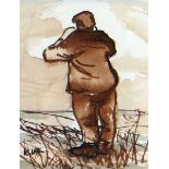 KAREL LEK sepia watercolour - standing figure, signed, 10.5 x 9cms Provenance: private collection