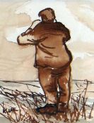 KAREL LEK sepia watercolour - standing figure, signed, 10.5 x 9cms Provenance: private collection