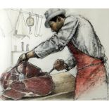 KEITH BOWEN charcoal and crayon - butcher at work, with literature and details, label verso,