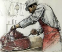 KEITH BOWEN charcoal and crayon - butcher at work, with literature and details, label verso,