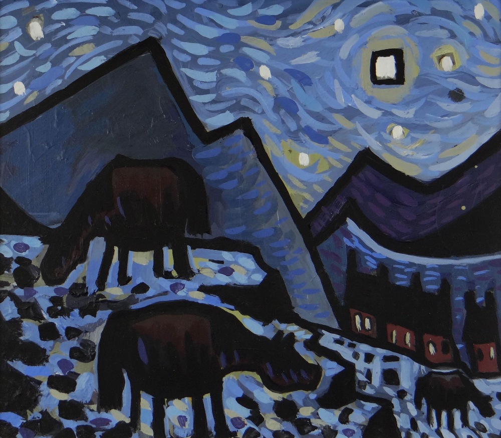 KARL DAVIES oil on canvas - nighttime with three horses and terraced houses, entitled on Albany