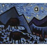 KARL DAVIES oil on canvas - nighttime with three horses and terraced houses, entitled on Albany