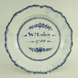 A GEORGE III SWANSEA POTTERY PEARLWARE DOCUMENTARY PLATE silver shaped with blue edge feathered rim,