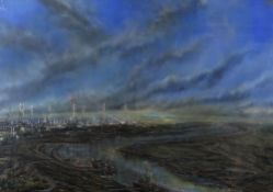 IWAN GWYN PARRY large watercolour - expansive industrial landscape, entitled verso on Martin