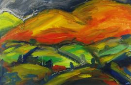 ANDREW McCUTCHEON acrylic - abstract landscape, initialled and signed, label verso with artist's