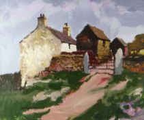 DONALD McINTYRE acrylic - whitewashed farm and outbuildings with figure in yard, entitled verso '