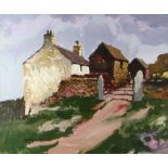 DONALD McINTYRE acrylic - whitewashed farm and outbuildings with figure in yard, entitled verso '