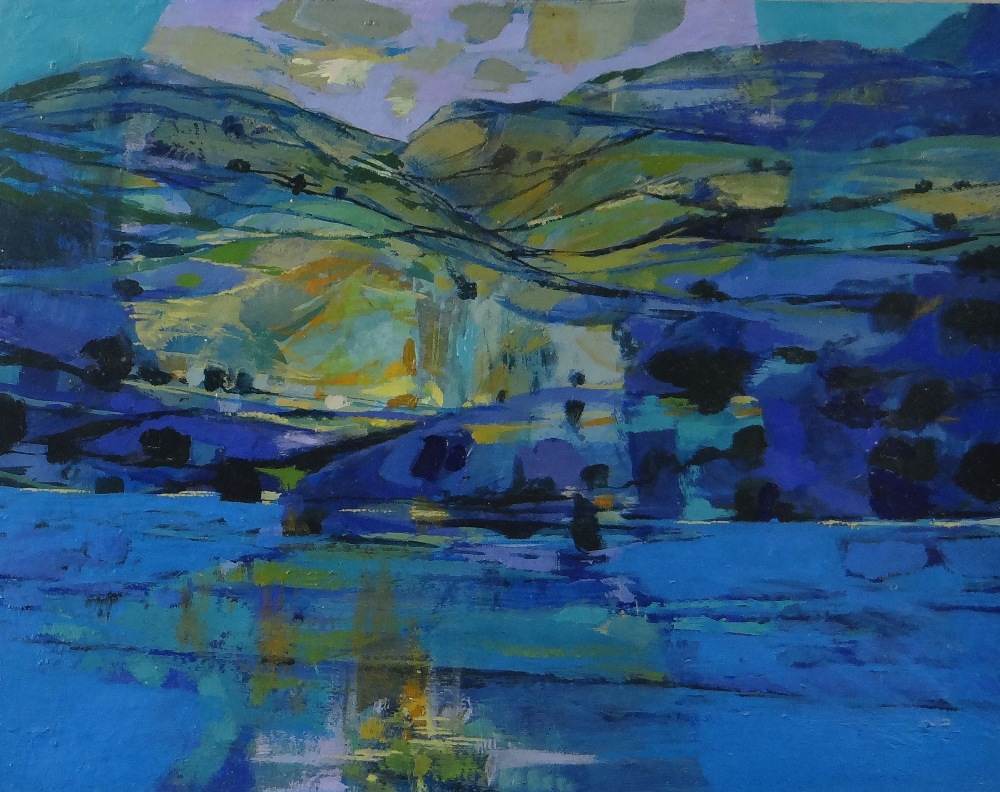 RONALD LOWE oil on board - landscape in blues and greens, entitled verso 'Pembrokeshire Nocturne',