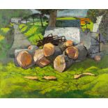 JOHN ELWYN oil on canvas - landscape with logs and machinery on entrance of lane to distant farm,