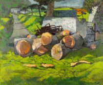 JOHN ELWYN oil on canvas - landscape with logs and machinery on entrance of lane to distant farm,