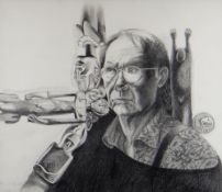 JOHN CLEAL pencil drawing - self-portrait with stencilled wording and tribal art relating to South