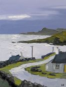 DAVID BARNES oil on canvas - north Wales coastal scene with winding road and cottages, signed with