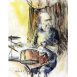 VALERIE GANZ mixed media - portrait study of a bearded, cigarette smoking, jazz drummer, signed,