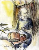 VALERIE GANZ mixed media - portrait study of a bearded, cigarette smoking, jazz drummer, signed,