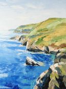 GWYN ROBERTS oil on canvas - Ceredigion coastal cliffs, entitled verso 'Llangrannog Tua'r