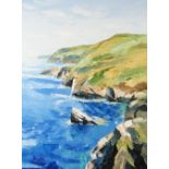 GWYN ROBERTS oil on canvas - Ceredigion coastal cliffs, entitled verso 'Llangrannog Tua'r