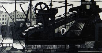 ARTHUR CHARLTON linocut in black, white and grey - industrial scene of Swansea Docks with