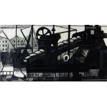 ARTHUR CHARLTON linocut in black, white and grey - industrial scene of Swansea Docks with