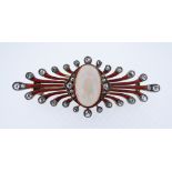 ART DECO OPAL & DIAMOND SET ENAMELLED BROOCH the central oval cabochon opal (1.3 x 0.8cms) flanked
