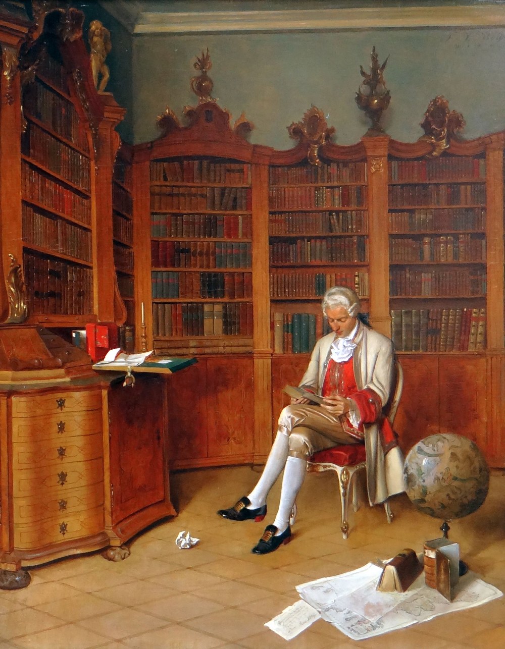 FRANZ XAVER WOLF (Austrian, 1896 - 1990) oil on panel - an 18th Century gentleman scholar in his - Image 2 of 5