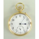 18K GOLD OPEN FACED POCKET WATCH, the enamel face having Arabic numerals and subsidiary seconds dial