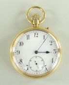 18K GOLD OPEN FACED POCKET WATCH, the enamel face having Arabic numerals and subsidiary seconds dial