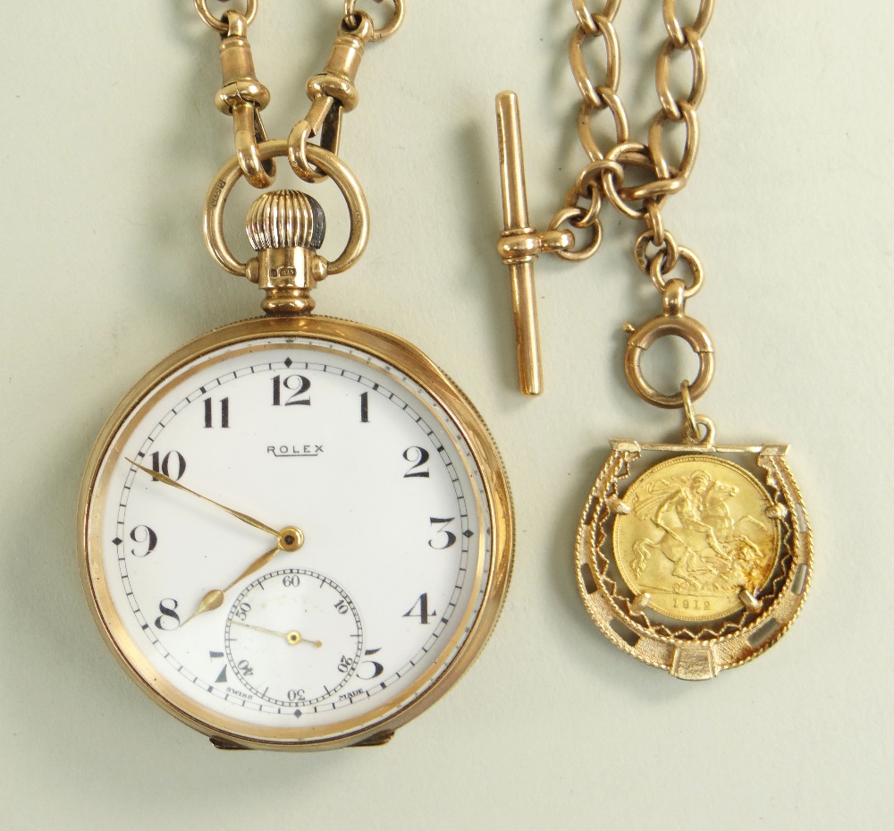 9CT GOLD OPEN FACED ROLEX POCKET WATCH engraved to inner cover 'To W. J. Samways Esq From His