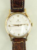 9CT GOLD ROLEX PRECISION WRISTWATCH, the silvered dial having raised gilt baton markers and Arabic