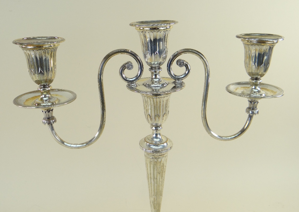 PAIR GEORGE V SILVER THREE-LIGHT CANDELABRA, Thomas Bradbury and Sons, London 1917, with reeded drip - Image 4 of 4