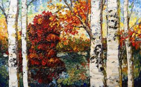 WITHDRAWN MAYA EVENTOV (b.1964) oil on canvas, autumn landscape with birch trees, entitled 'Silver