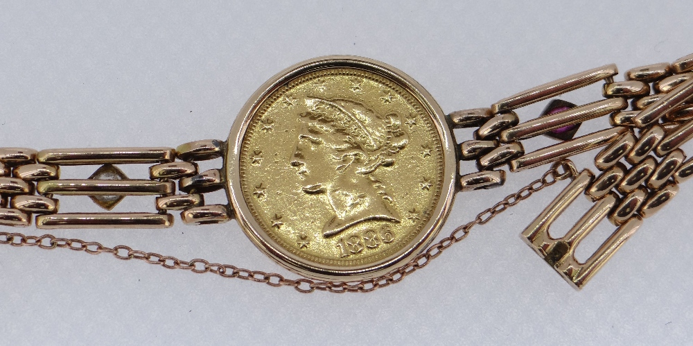 1886 LIBERTY HEAD GOLD FIVE DOLLAR mounted in a 15ct gold gate-link bracelet, four of the links - Image 2 of 2