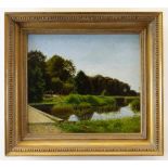 ANNE MARIE GILBERT-JESPERSEN (Danish, 1849 - 1925) oil on canvas - river landscape with boy angler