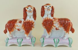 RARE PAIR OF VICTORIAN STAFFORDSHIRE POTTERY SPANIELS 'GRACE' & 'MAJESTY', c. 1850, crisply modelled