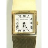 9CT GOLD BUECHE GIROD GENTS WRISTWATCH having square enamel dial with Roman numeral chapter ring,
