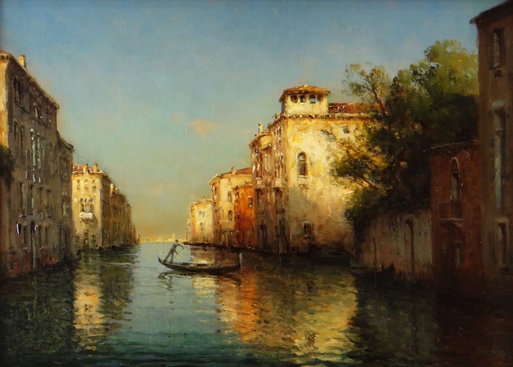 ANTOINE BOUVARD (French 1870 - 1956) oil on canvas - a tranquil Venetian backwater with gondola, - Image 2 of 5