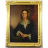 19TH CENTURY ENGLISH SCHOOL oil on canvas - portrait of a lady wearing ruby necklace and