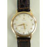 9CT GOLD ROLEX PRECISION WRISTWATCH, the silvered dial having raised gilt Arabic numerals. The