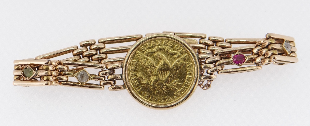 1886 LIBERTY HEAD GOLD FIVE DOLLAR mounted in a 15ct gold gate-link bracelet, four of the links