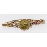 1886 LIBERTY HEAD GOLD FIVE DOLLAR mounted in a 15ct gold gate-link bracelet, four of the links