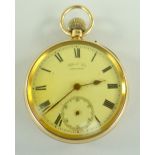 18CT YELLOW GOLD OPEN FACED POCKET WATCH, the enamel face having Roman numeral chapter ring and