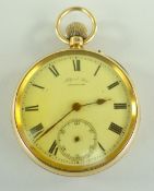 18CT YELLOW GOLD OPEN FACED POCKET WATCH, the enamel face having Roman numeral chapter ring and