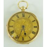 18CT GOLD OPEN FACED POCKET WATCH, key wind having Roman numeral chapter ring, heart, foliate and