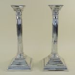 PAIR SILVER CORINTHIAN COLUMN CANDLESTICKS, Alexander Smith, Birmingham 1965, beaded removable