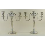 PAIR GEORGE V SILVER THREE-LIGHT CANDELABRA, Thomas Bradbury and Sons, London 1917, with reeded drip